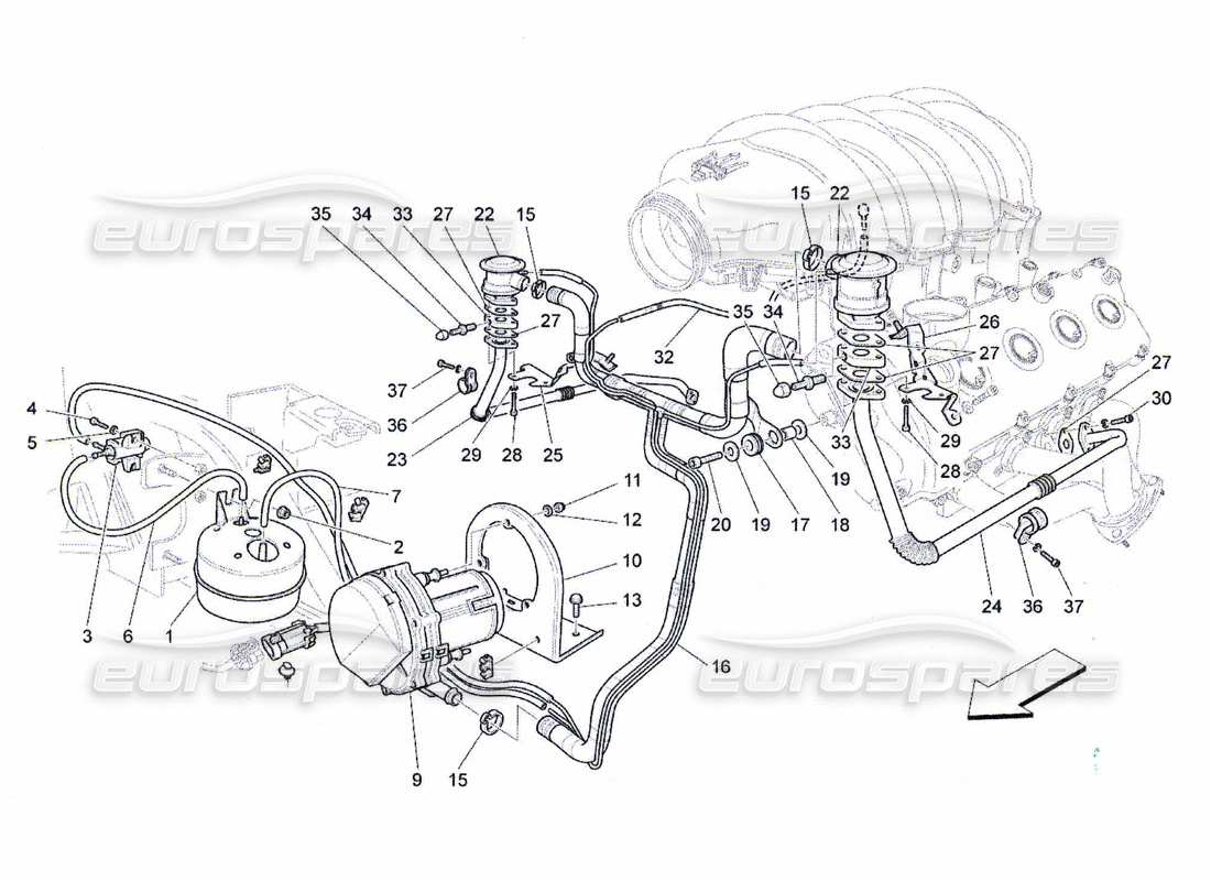 maserati qtp. (2010) 4.7 diagramma delle parti del sistema d'aria aggiuntivo