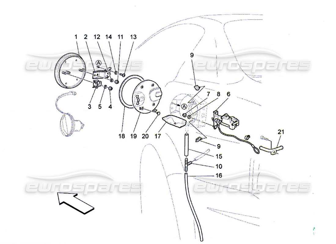 maserati qtp. (2010) 4.7 schema delle parti dello sportello del serbatoio del carburante e dei controlli