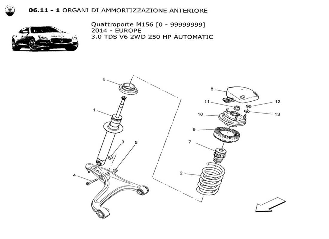 maserati qtp. v6 3.0 tds 250bhp 2014 diagramma delle parti dei dispositivi dell'ammortizzatore anteriore