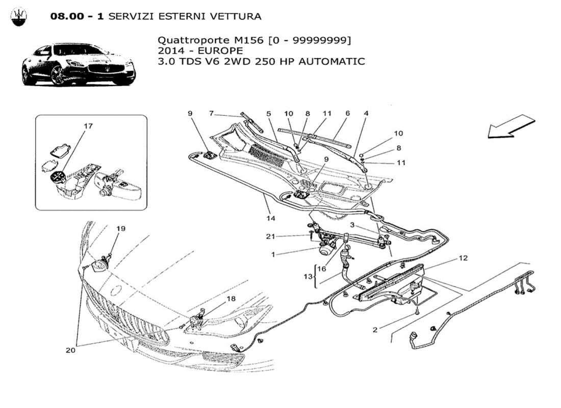 maserati qtp. v6 3.0 tds 250bhp 2014 diagramma delle parti dei dispositivi esterni del veicolo