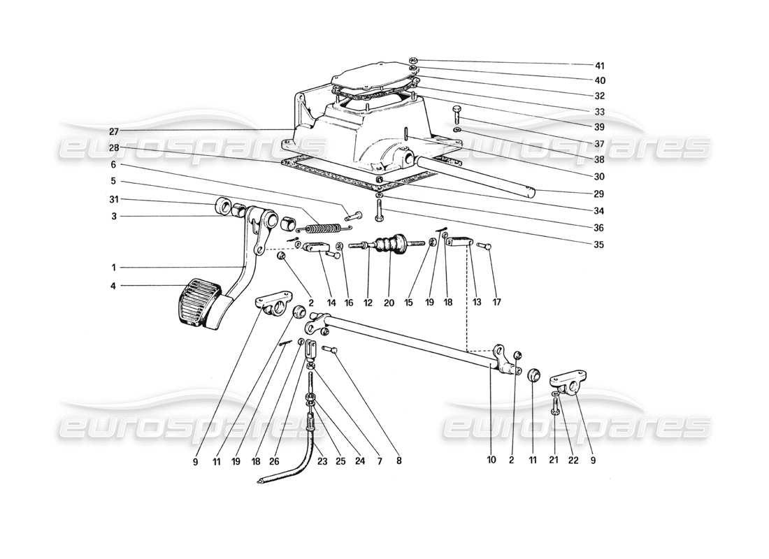 ferrari 328 (1985) schema delle parti del comando frizione della pedaliera (varianti per la versione con guida a destra).