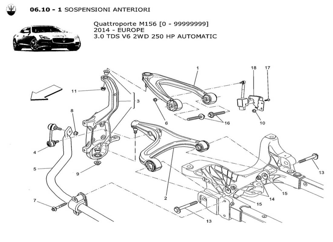 maserati qtp. v6 3.0 tds 250bhp 2014 diagramma delle parti della sospensione anteriore