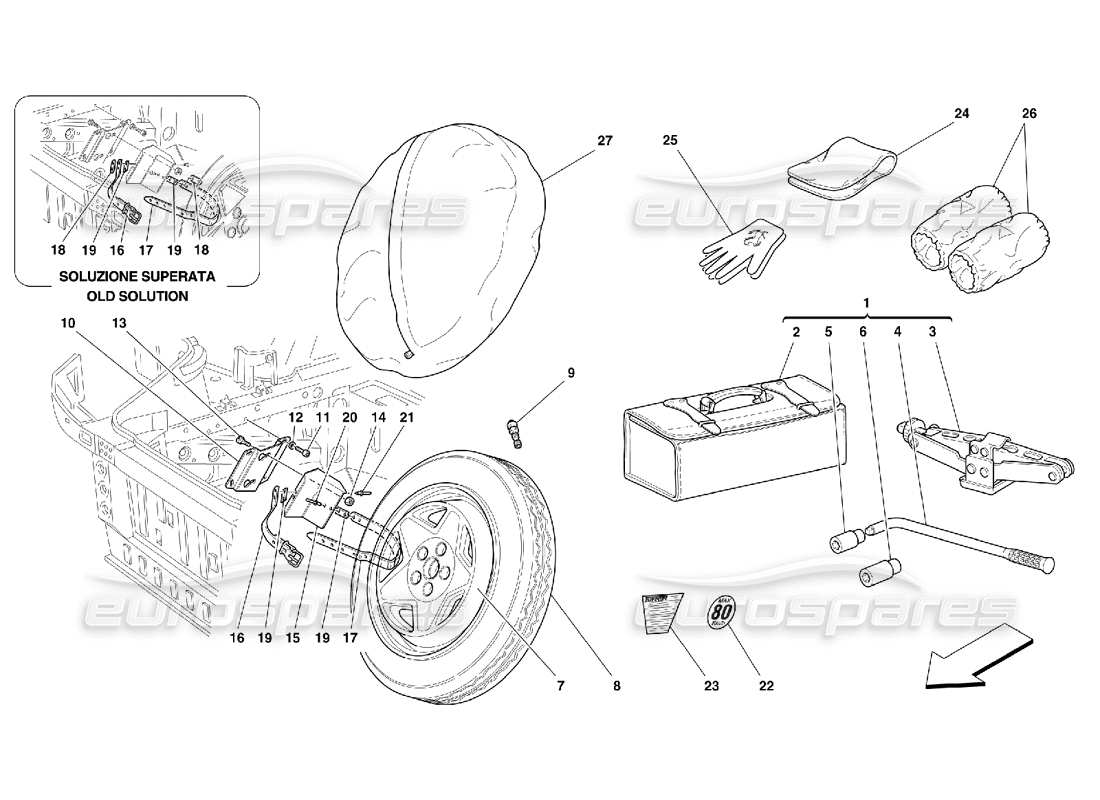ferrari 355 (5.2 motronic) ruota di scorta e attrezzatura - opzionali diagramma delle parti