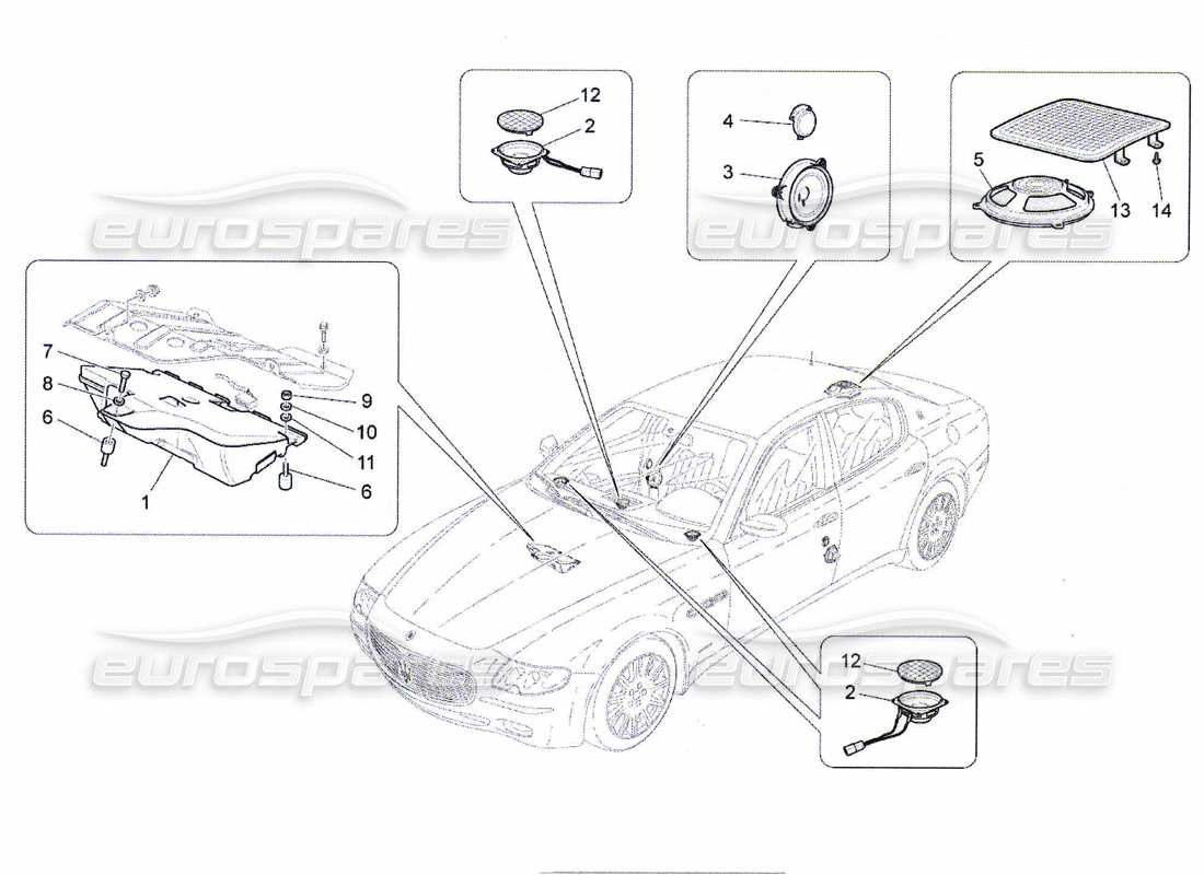 maserati qtp. (2010) 4.7 schema delle parti del sistema di diffusione del suono