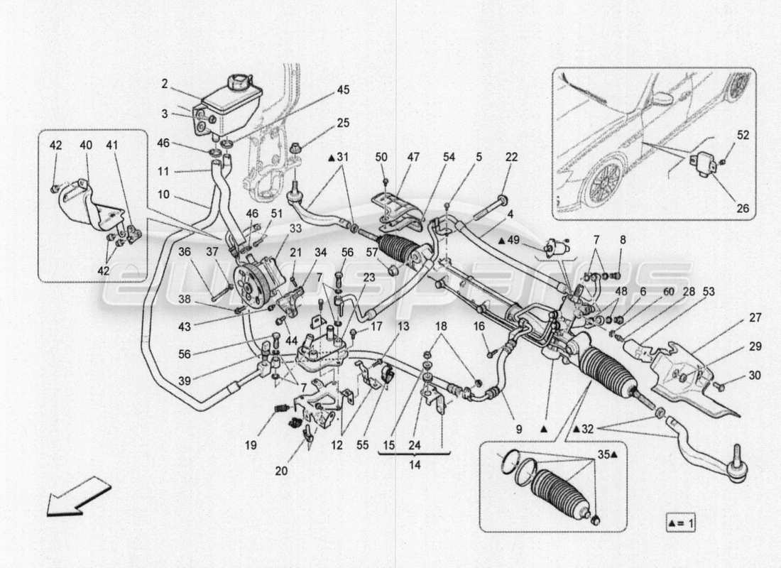 maserati qtp. v8 3.8 530bhp 2014 auto cremagliera sterzo e pompa idraulica dello sterzo schema delle parti