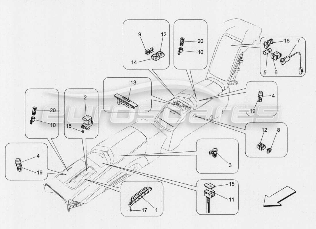 maserati qtp. v8 3.8 530bhp 2014 auto diagramma delle parti dei dispositivi della console centrale