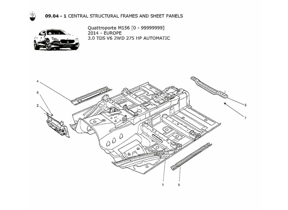 maserati qtp. v6 3.0 tds 275bhp 2014 schema delle parti dei telai strutturali centrali e dei pannelli in lamiera