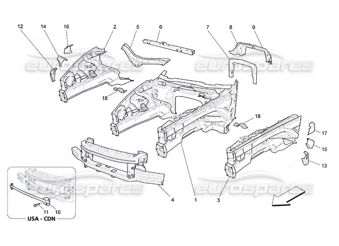 maserati qtp. (2010) 4.7 schema delle parti dei telai strutturali anteriori e dei pannelli in lamiera