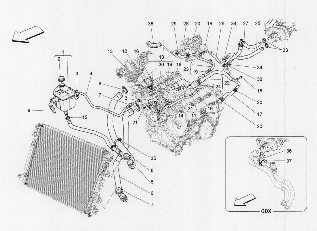 maserati qtp. v6 3.0 tds 275bhp 2017 sistema di raffreddamento: diagramma delle parti di nourice e linee