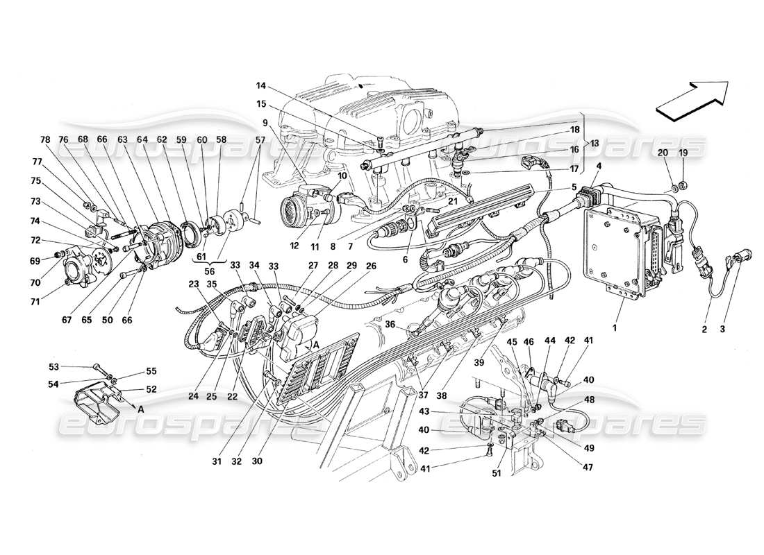 ferrari 348 (1993) tb / ts iniezione d'aria - schema delle parti di accensione