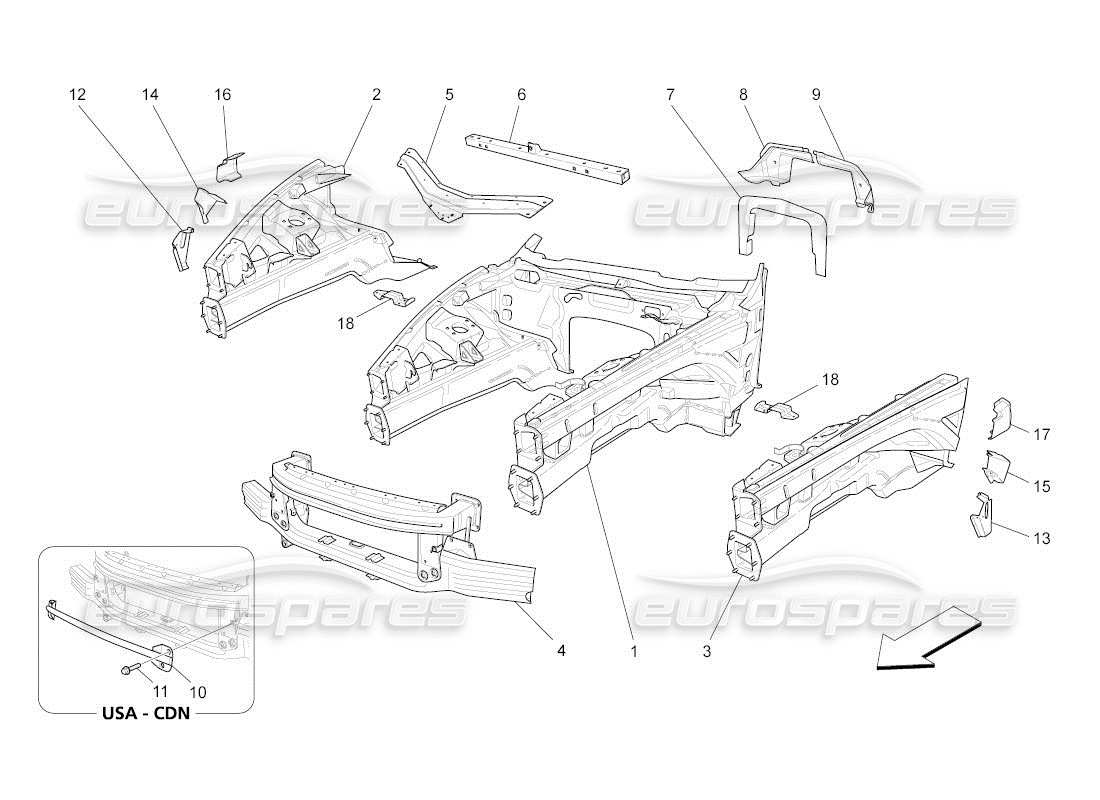 maserati qtp. (2011) 4.7 auto schema delle parti dei telai strutturali anteriori e dei pannelli in lamiera