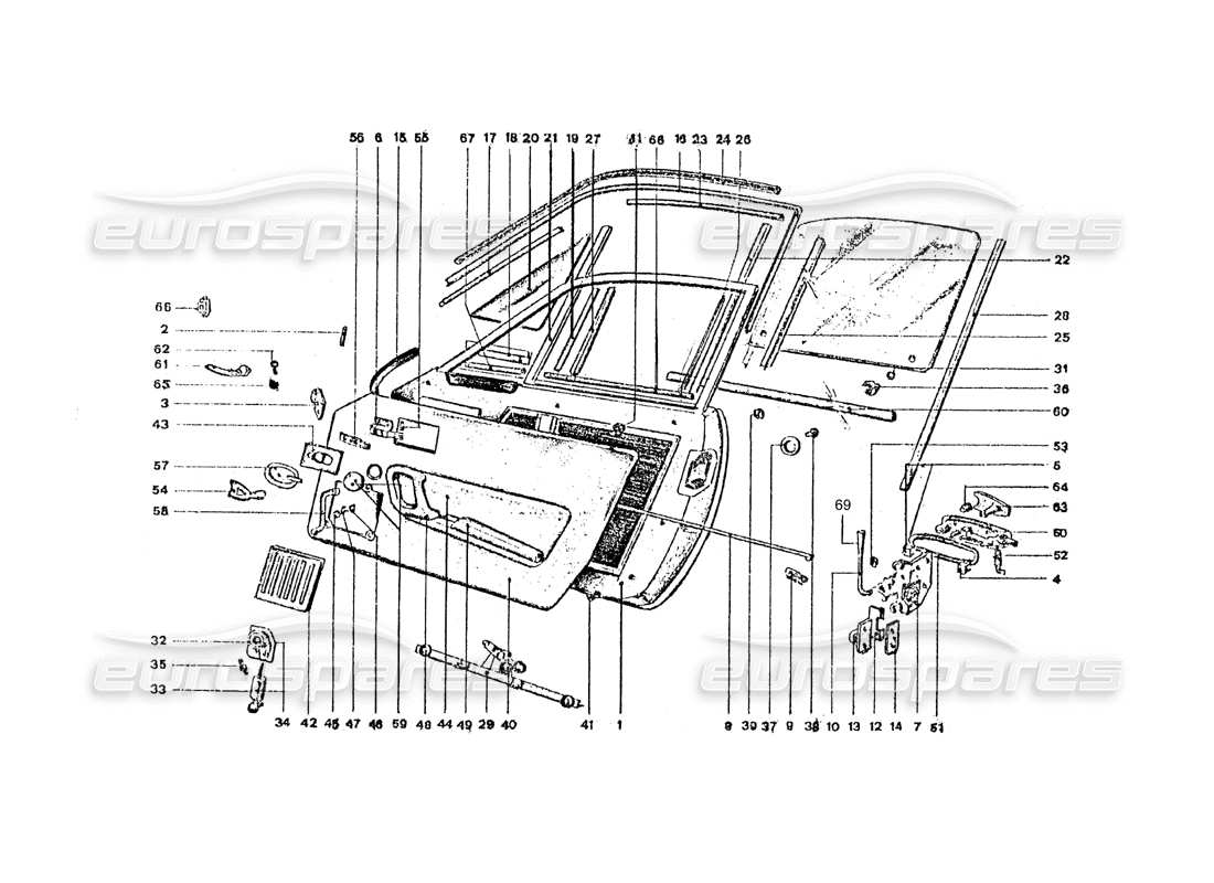 ferrari 365 gt4 2+2 coachwork porte e fissaggi interni diagramma delle parti