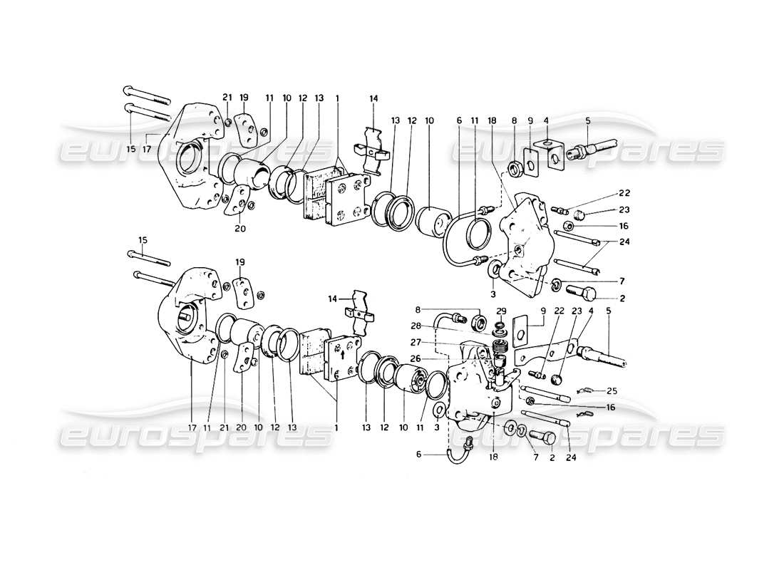 ferrari 246 dino (1975) pinze per freni anteriori e posteriori e diagramma delle parti del freno a mano