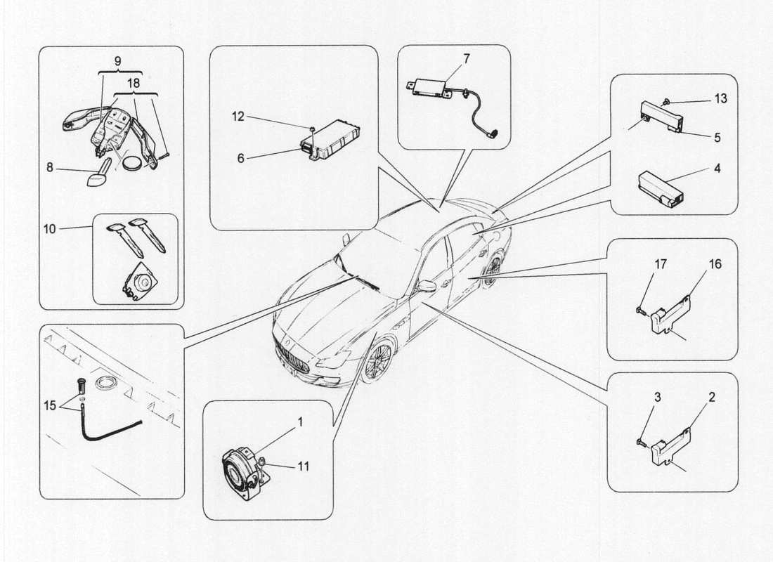 maserati qtp. v6 3.0 bt 410bhp 2wd 2017 diagramma delle parti del sistema di allarme e immobilizzatore