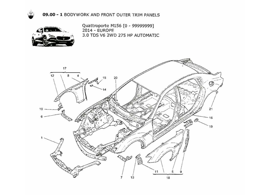 maserati qtp. v6 3.0 tds 275bhp 2014 schema delle parti della carrozzeria e dei pannelli di rivestimento esterni anteriori