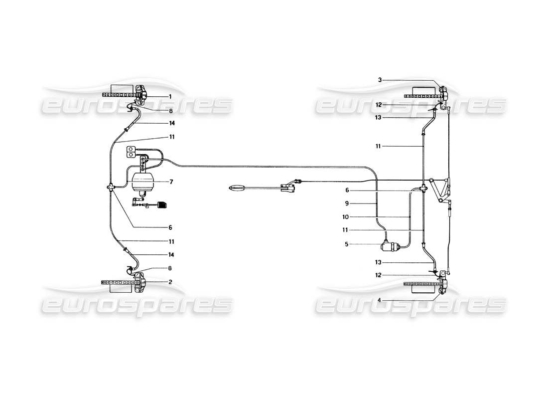 ferrari 246 dino (1975) impianto freno idraulico su ruote diagramma delle parti