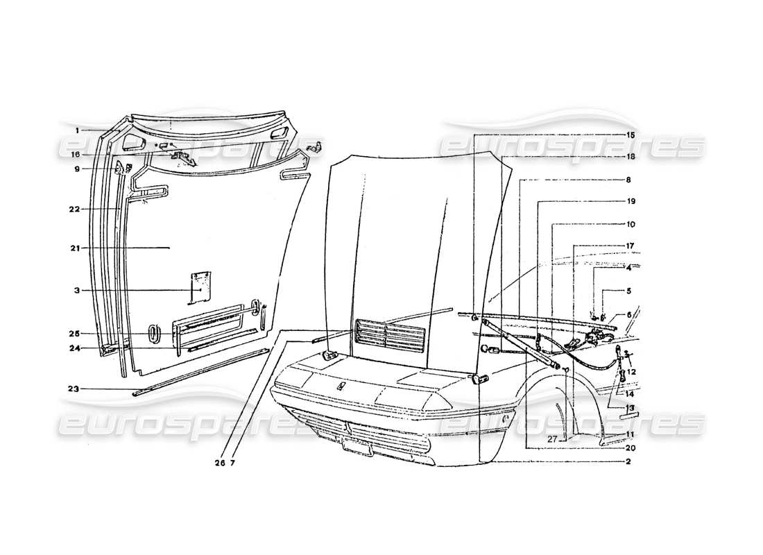 ferrari 365 gt4 2+2 coachwork cofano anteriore diagramma delle parti