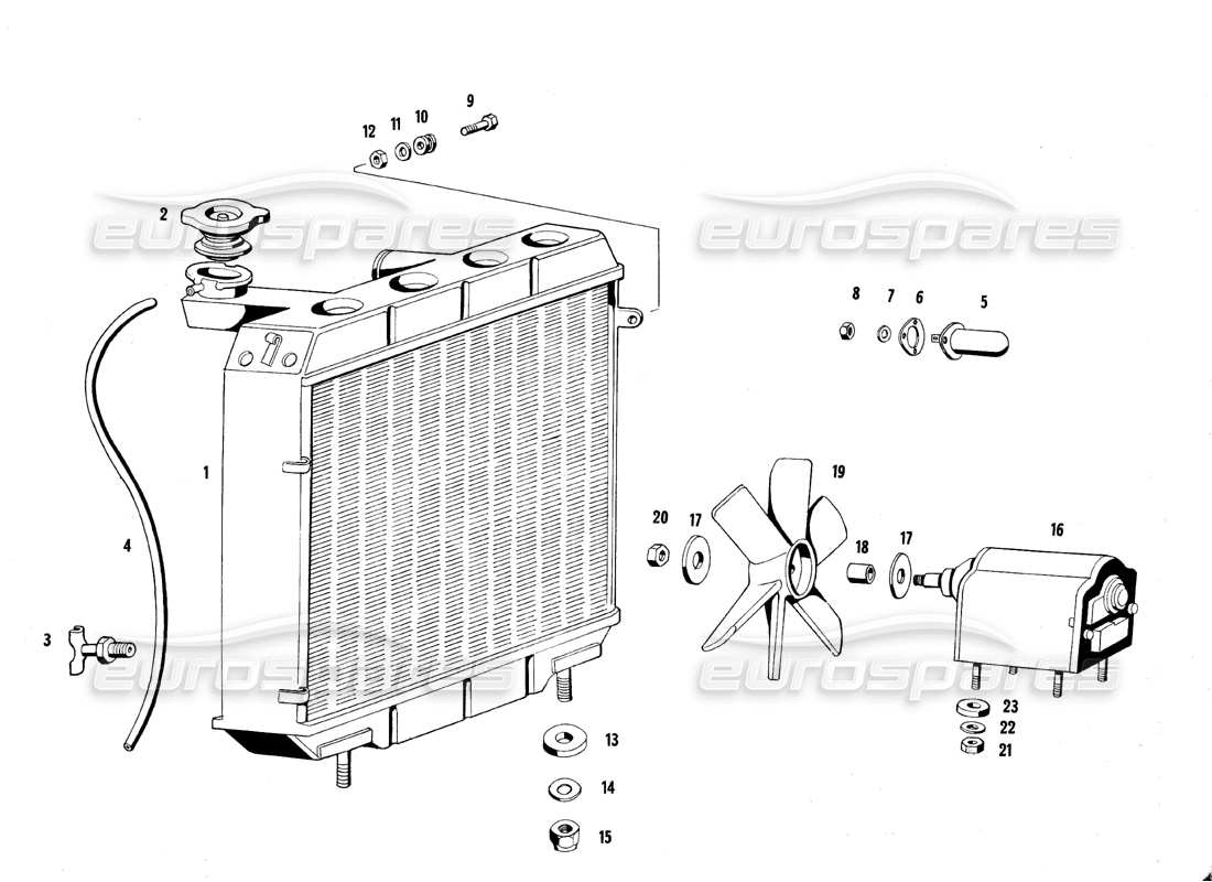 maserati qtp.v8 4.7 (s1 & s2) 1967 diagramma delle parti del radiatore e della ventola