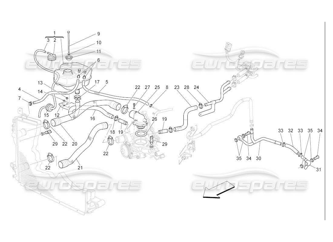 maserati qtp. (2007) 4.2 auto sistema di raffreddamento: diagramma delle parti di nourice e linee