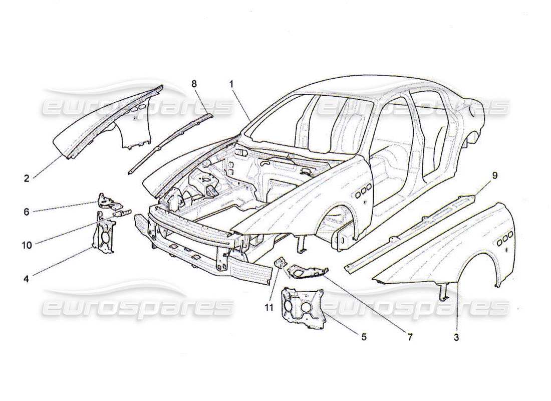 maserati qtp. (2010) 4.2 carrozzeria e pannelli di rivestimento esterni anteriori diagramma delle parti