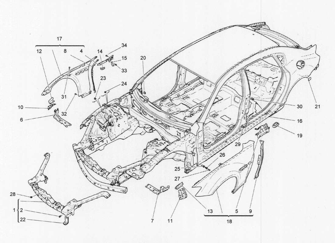maserati qtp. v6 3.0 tds 275bhp 2017 schema delle parti della carrozzeria e del rivestimento esterno anteriore