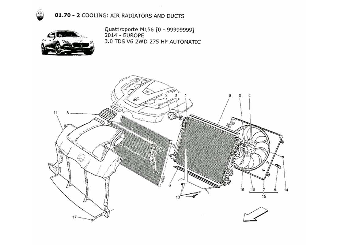 maserati qtp. v6 3.0 tds 275bhp 2014 raffreddamento: diagramma delle parti dei radiatori dell'aria e dei condotti