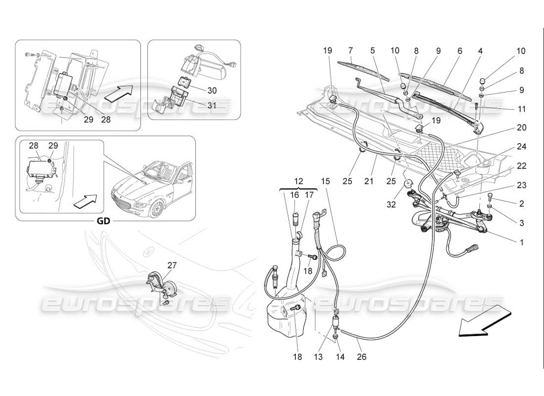 maserati qtp. (2009) 4.7 auto diagramma delle parti dei dispositivi esterni del veicolo