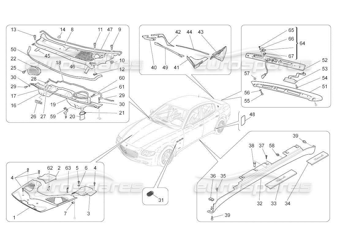 maserati qtp. (2011) 4.2 auto schema delle parti di scudi, finiture e pannelli di copertura