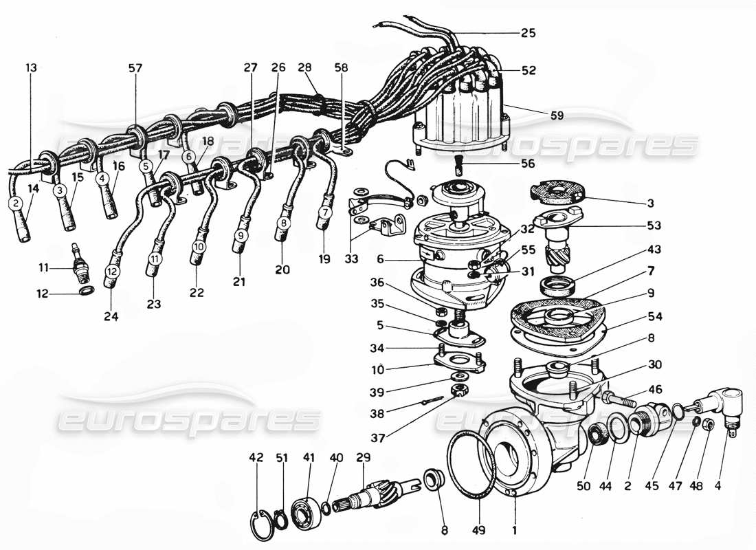 ferrari 365 gtc4 (mechanical) diagramma delle parti dei cavi di distribuzione e ht