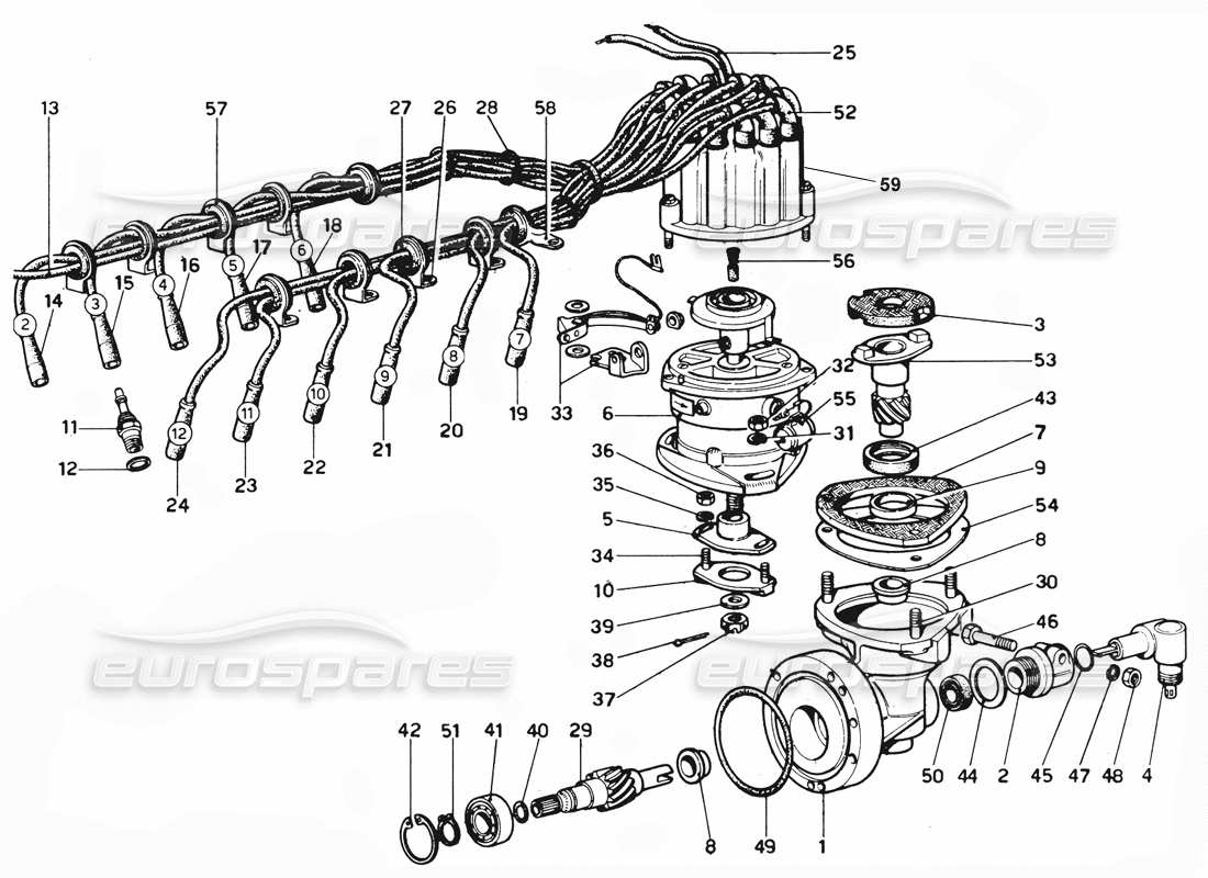 ferrari 365 gtc4 (mechanical) distribution & h.t leads part diagram