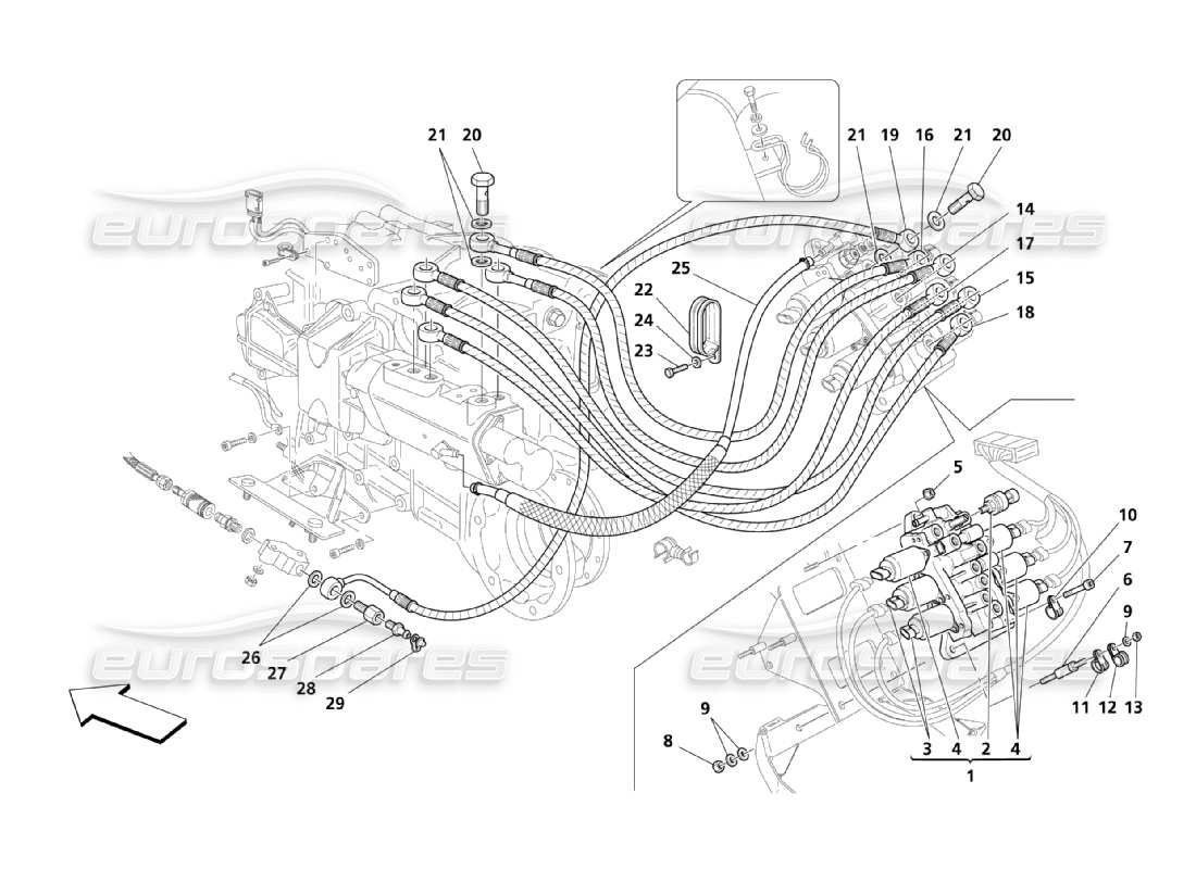maserati qtp. (2003) 4.2 impianto idraulico di controllo del cambio: diagramma delle parti dell'unità di potenza