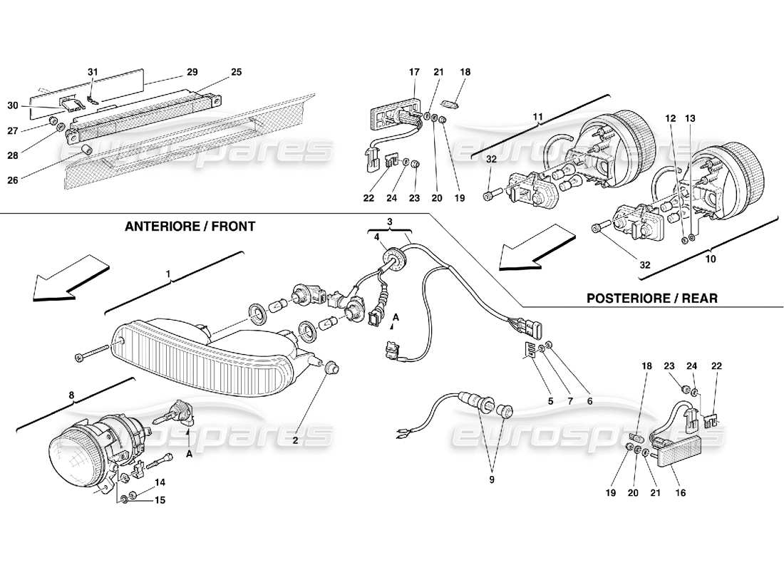 ferrari 355 (5.2 motronic) luci anteriori e posteriori diagramma delle parti