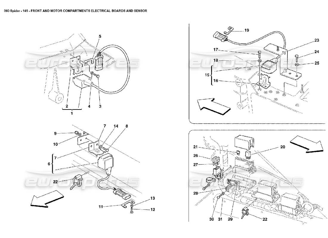 ferrari 360 spider schede elettriche dei vani anteriore e motore e diagramma delle parti dei sensori