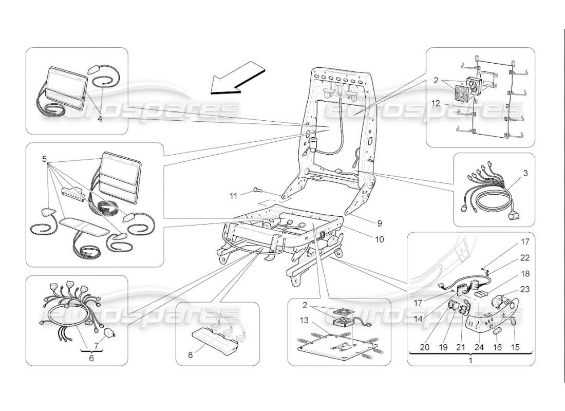 maserati qtp. (2010) 4.7 auto sedili anteriori: diagramma delle parti meccaniche ed elettroniche