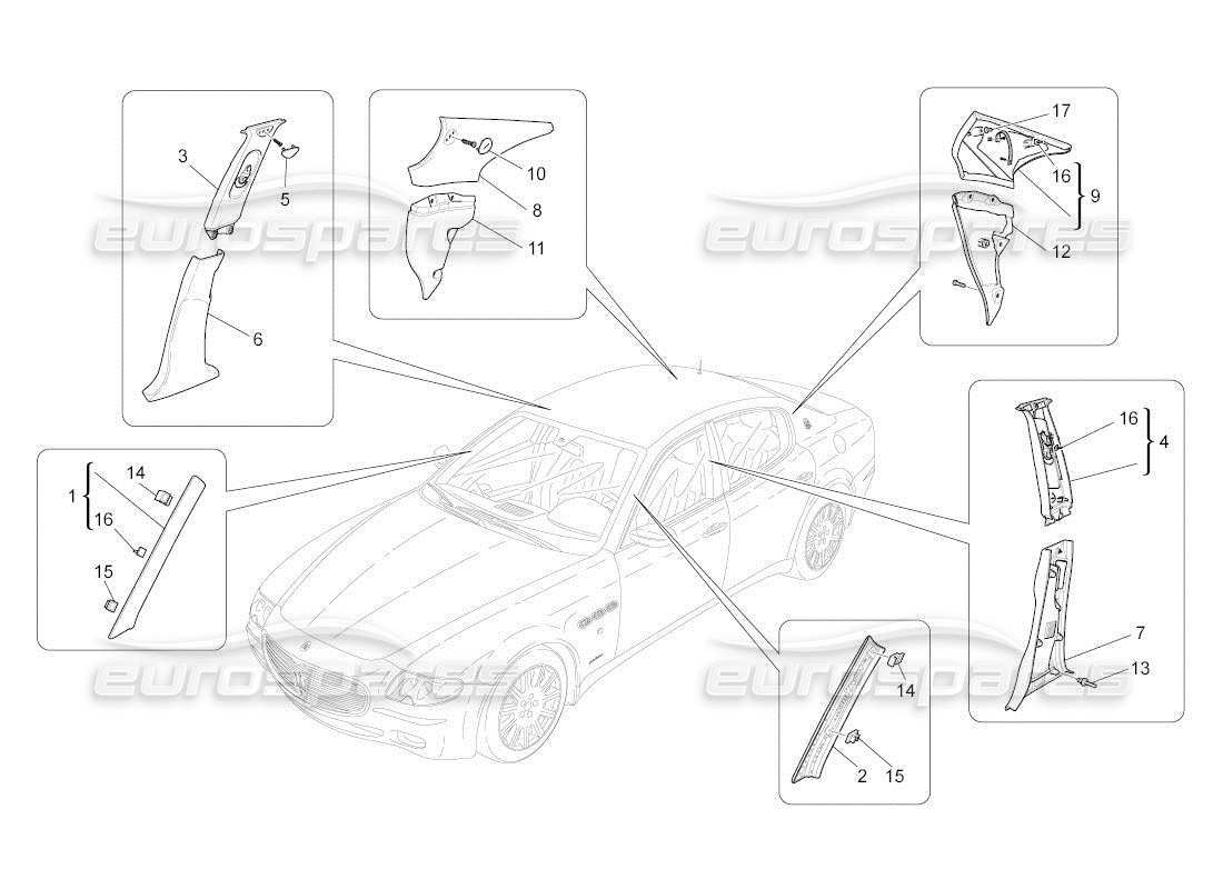maserati qtp. (2011) 4.2 auto schema delle parti dei pannelli di rivestimento del montante b e dei pannelli laterali dell'abitacolo