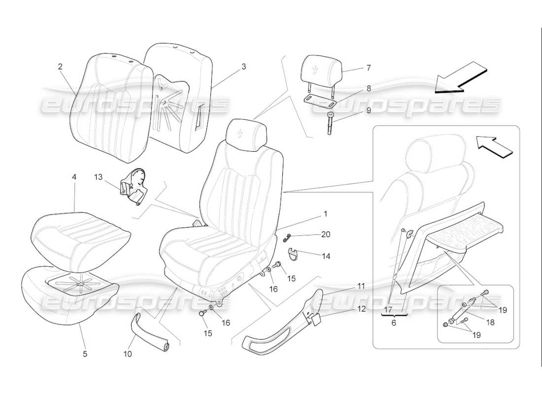 maserati qtp. (2009) 4.7 auto sedili anteriori: schema delle parti dei pannelli di rivestimento