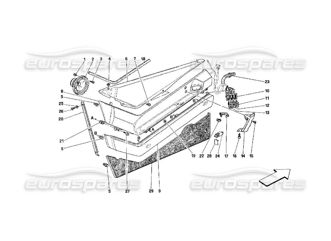 ferrari 348 (2.7 motronic) porte - schema delle parti dei rivestimenti interni