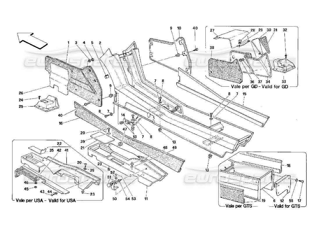 ferrari 348 (2.7 motronic) tunnel: diagramma delle parti della struttura e delle finiture