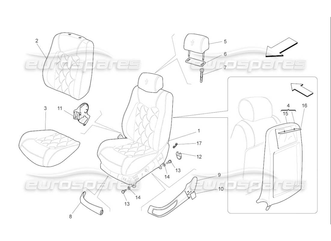 maserati qtp. (2008) 4.2 auto sedili anteriori: schema delle parti dei pannelli di rivestimento