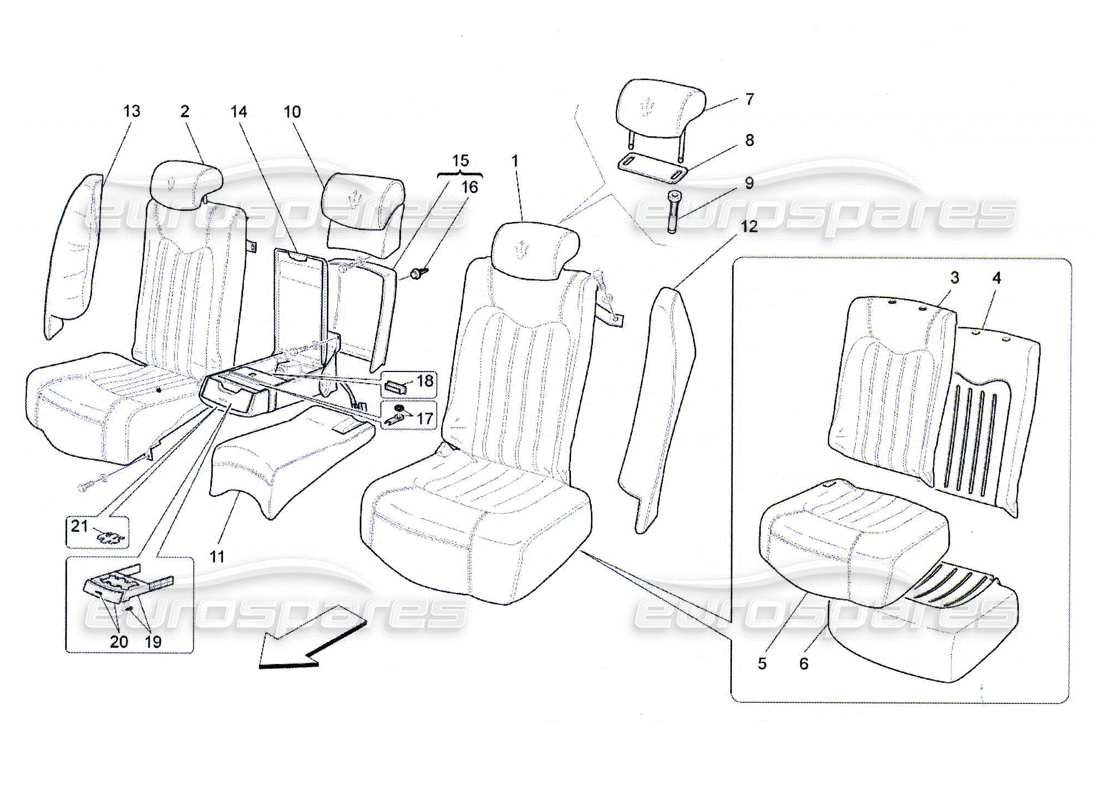maserati qtp. (2010) 4.7 sedili posteriori: schema delle parti dei pannelli di rivestimento