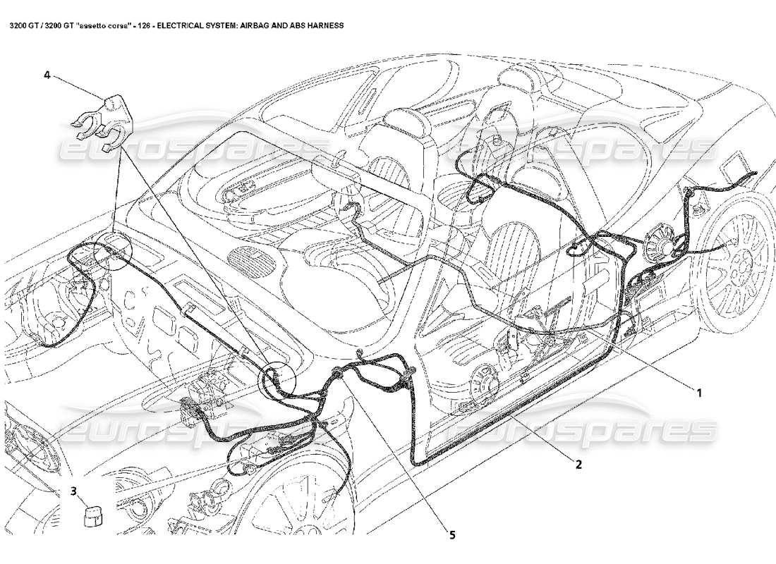 maserati 3200 gt/gta/assetto corsa elettrico: diagramma delle parti dell'airbag e del cablaggio dell'abs