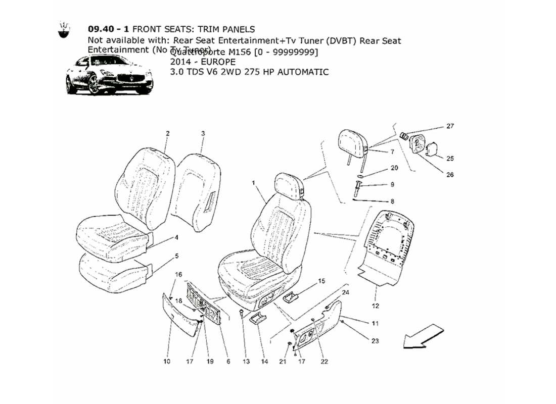 maserati qtp. v6 3.0 tds 275bhp 2014 sedili anteriori: schema delle parti dei pannelli di rivestimento