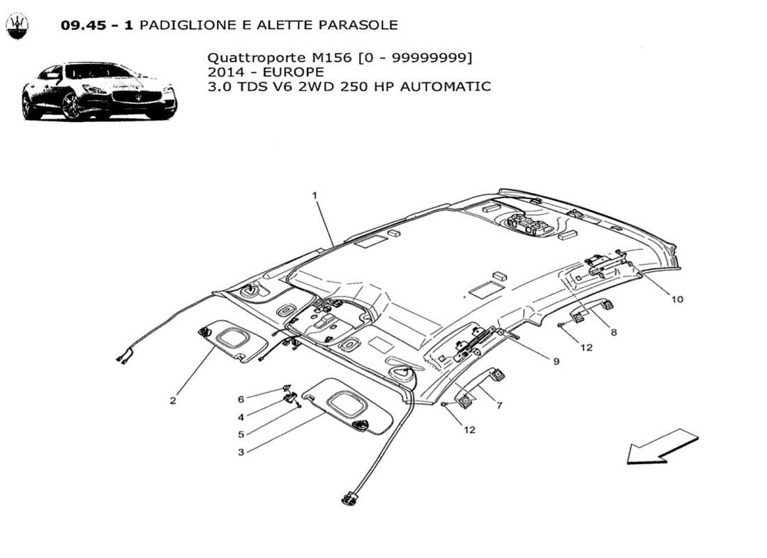 maserati qtp. v6 3.0 tds 250bhp 2014 diagramma delle parti del tetto e delle alette parasole