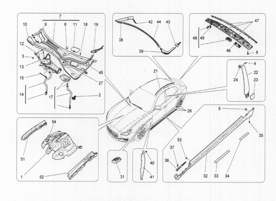 maserati qtp. v6 3.0 bt 410bhp 2015 schema delle parti di scudi, finiture e pannelli di copertura