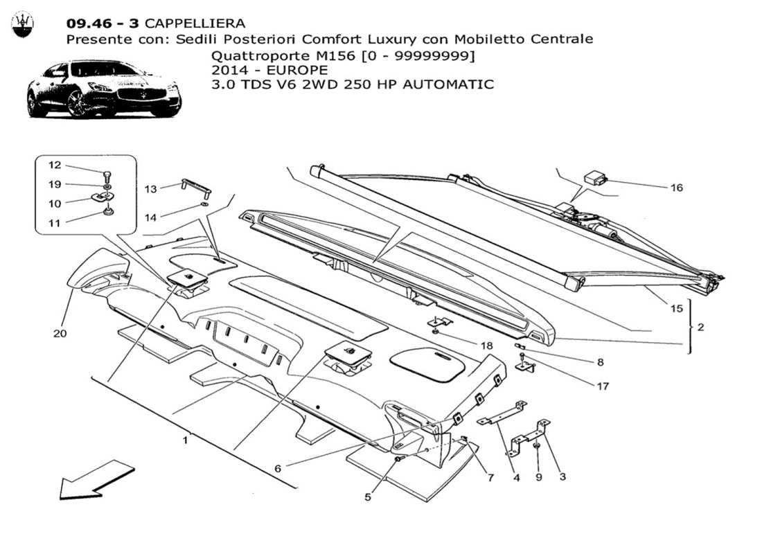 maserati qtp. v6 3.0 tds 250bhp 2014 ripiano posteriore diagramma delle parti