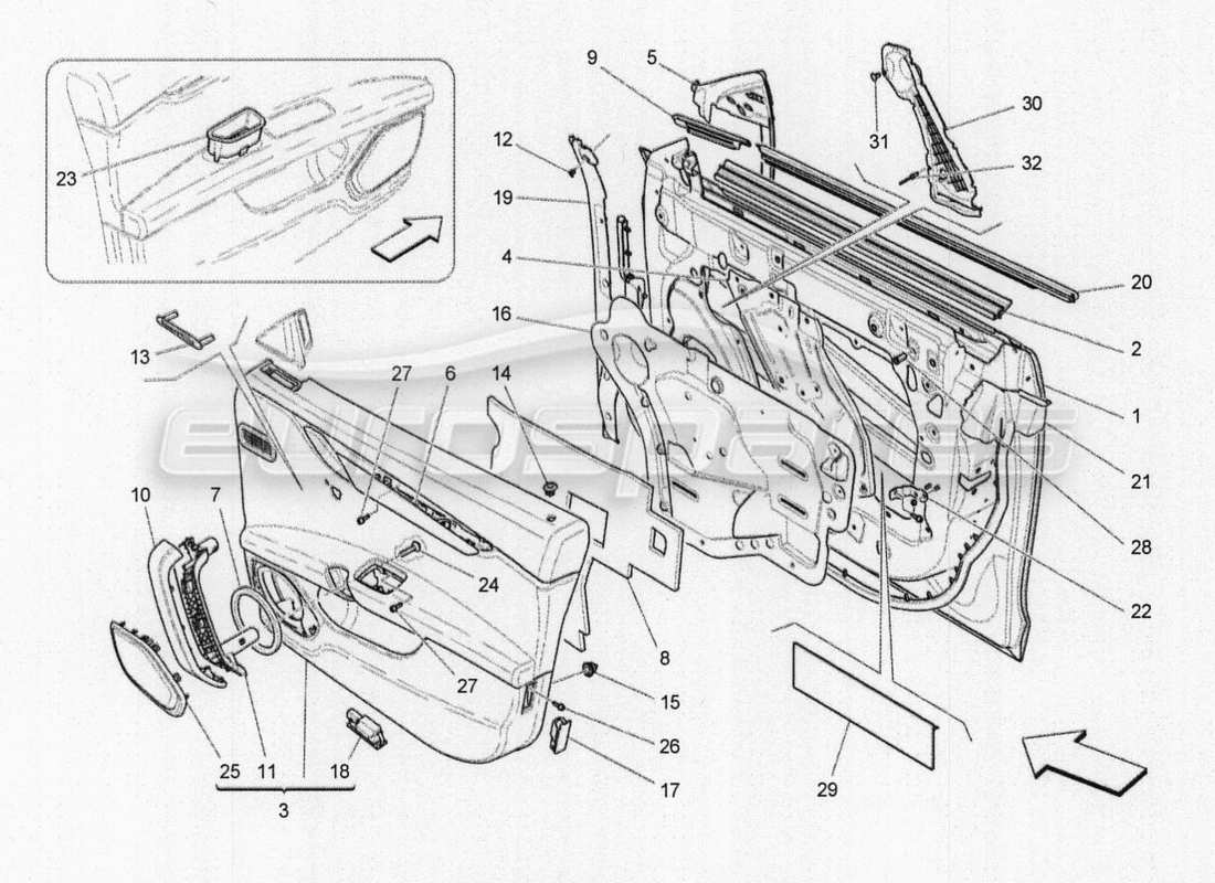 maserati qtp. v8 3.8 530bhp auto 2015 porte anteriori: diagramma delle parti dei pannelli di rivestimento