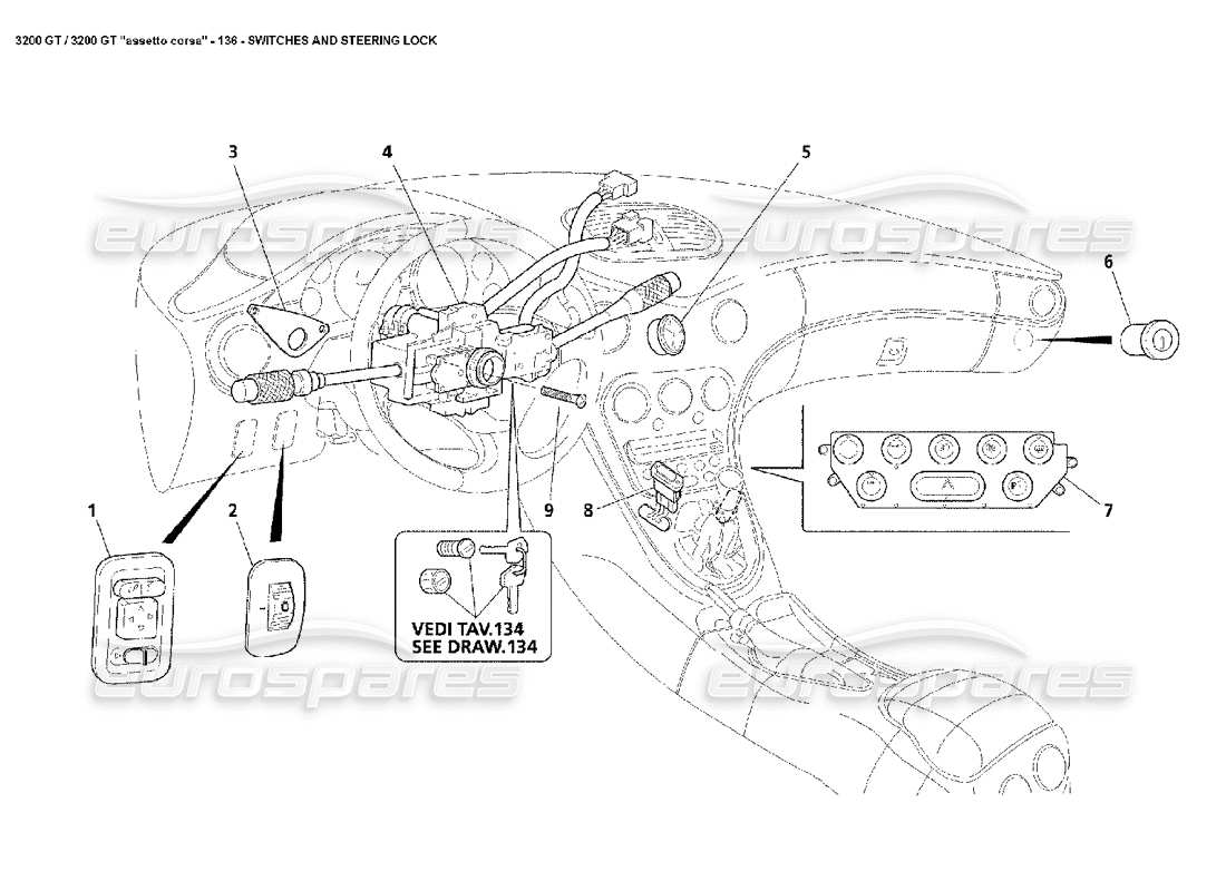 maserati 3200 gt/gta/assetto corsa diagramma delle parti degli interruttori e del bloccasterzo