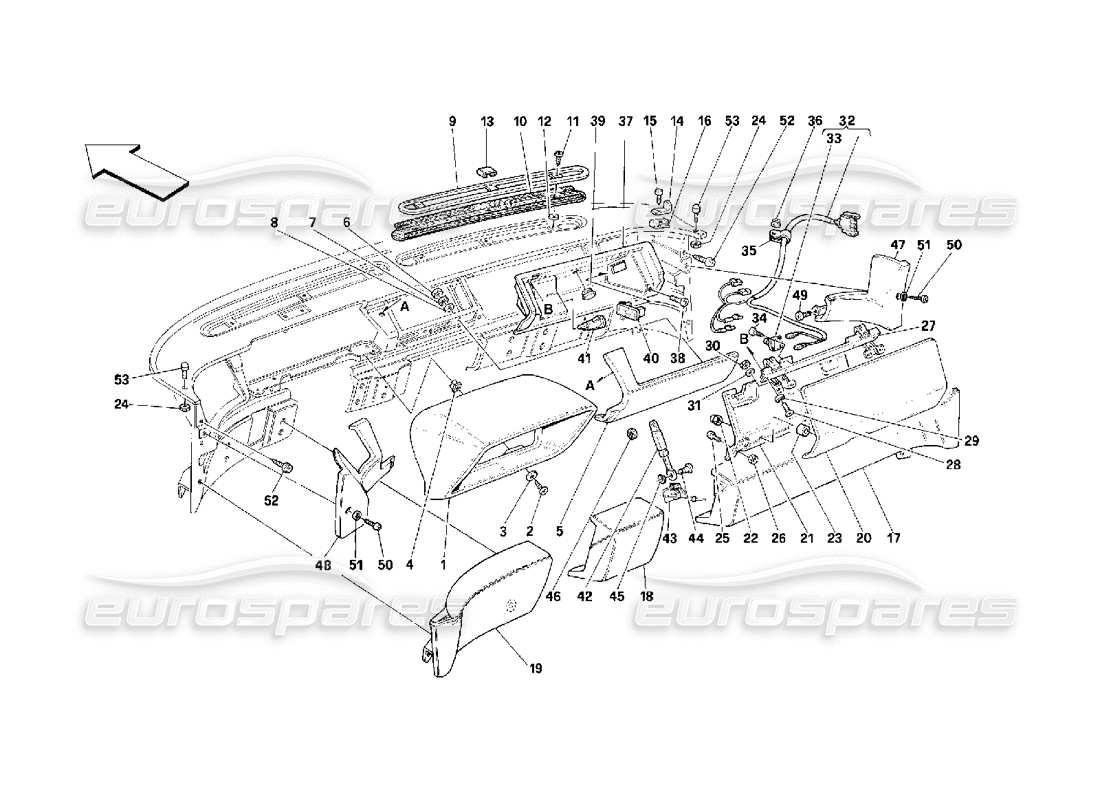 ferrari 348 (2.7 motronic) cruscotto - finiture e accessori diagramma delle parti