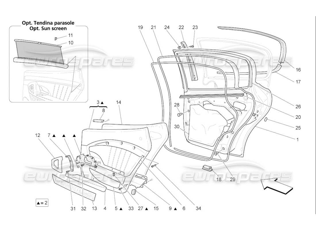 maserati qtp. (2009) 4.7 auto porte posteriori: pannelli di rivestimento schema delle parti