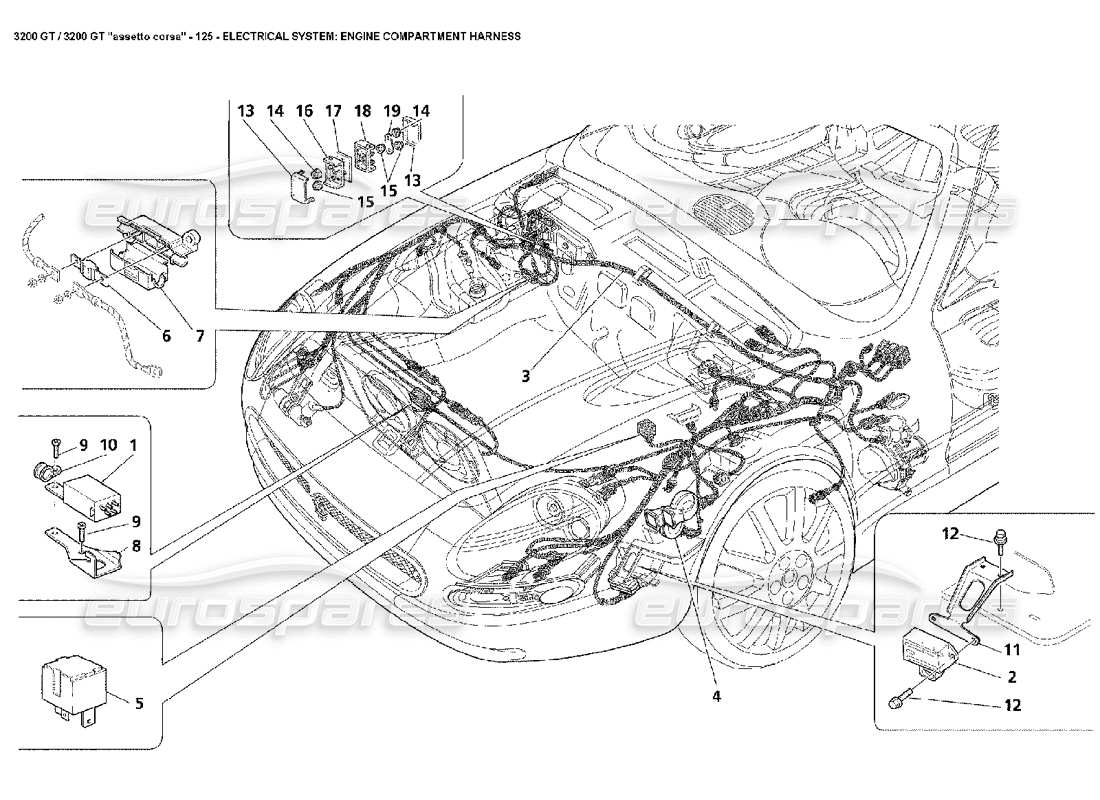 maserati 3200 gt/gta/assetto corsa elettrico: diagramma delle parti del cablaggio del vano motore